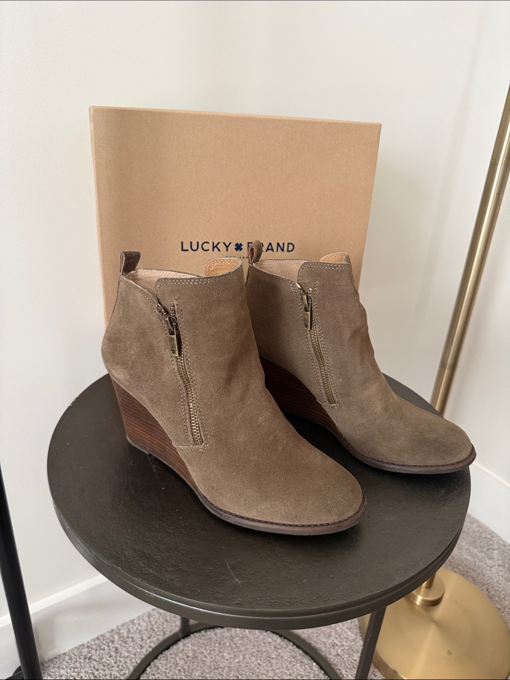 Lucky Brand Taupe Green Suede Wedge Booties with Side Zips